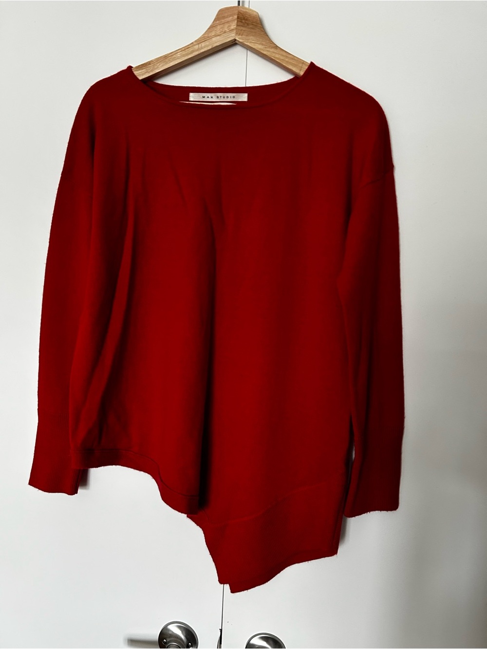 Max Studio Red Asymmetric Hem Long-Sleeve Merino Wool Top